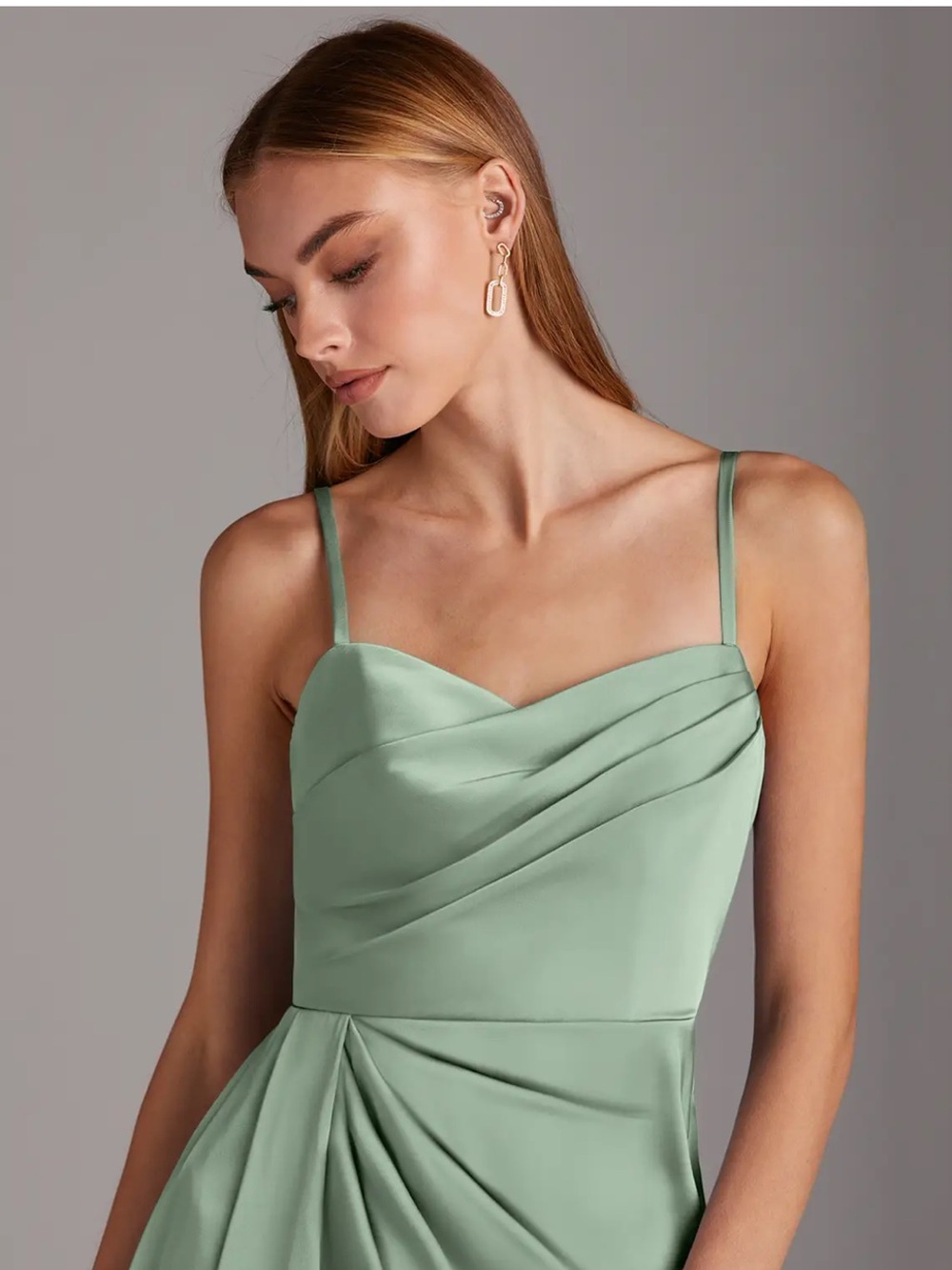 Azazie Sage Green Satin Draped Spaghetti Strap Gown - Picture 15 of 16